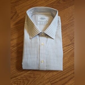 New Charles Tyrwhitt Dress Shirt 18/37 Non Iron Slim Fit Gray An‎ White Plaid